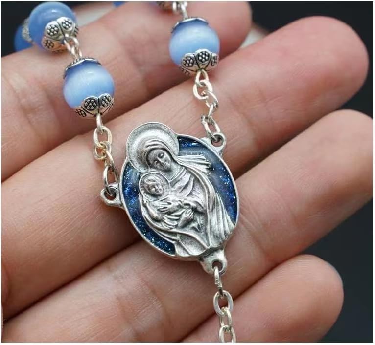 Rosary Beads Catholic for Woman - Italy 8-9mm AAA+ Natural Blue Cat Eyes Gemstone Rosary Beads.