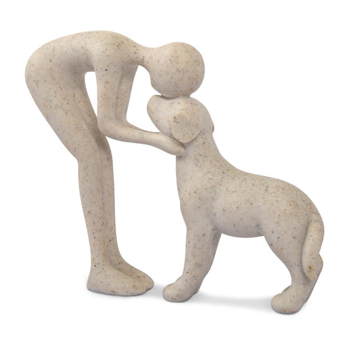 Abstract Resin Hand-Painted Sculpture of Person and Dog Bonding – Head-to-Head Intimate Figurine Decoration for Office、Living Room、Bedroom、Home， Memory Gifts for Pet Lovers (Sandstone)