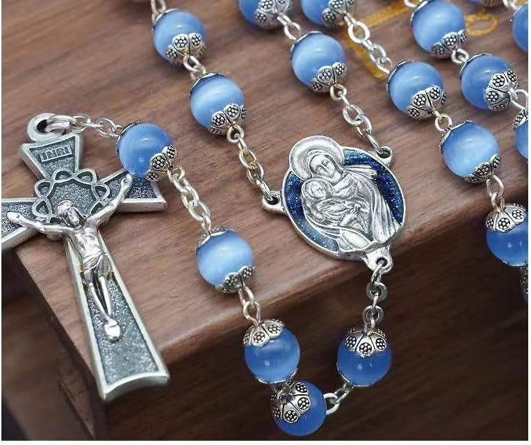 Rosary Beads Catholic for Woman - Italy 8-9mm AAA+ Natural Blue Cat Eyes Gemstone Rosary Beads.