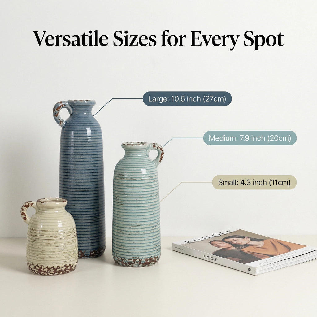 Flower Vase Set of 3, Ceramic Home Decor for Living Room - Modern Rustic Farmhouse Centerpiece for Table, Shelf & Bedroom - Decorative Vases for Office, Bathroom, Dining Desk