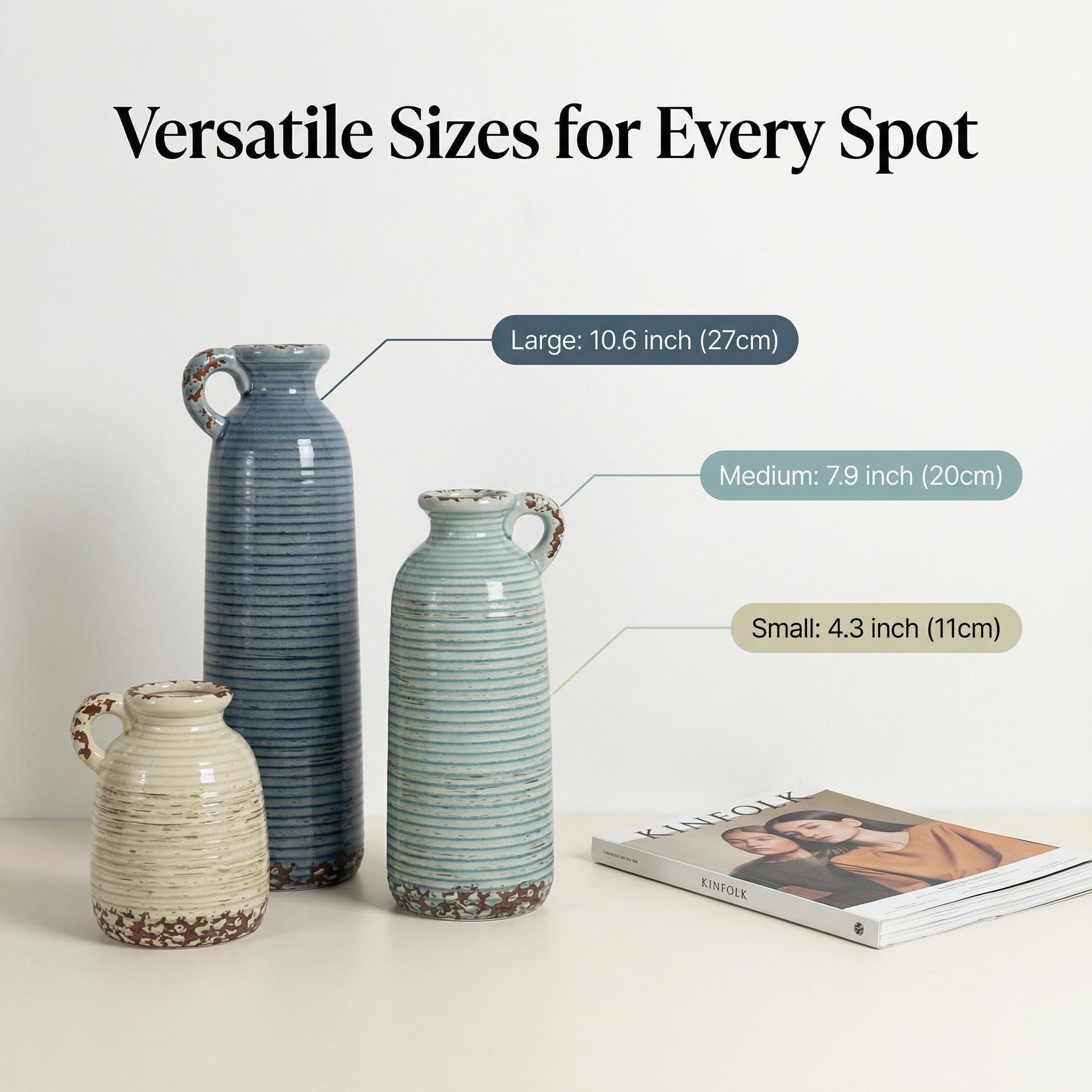 Flower Vase Set of 3, Ceramic Home Decor for Living Room - Modern Rustic Farmhouse Centerpiece for Table, Shelf & Bedroom - Decorative Vases for Office, Bathroom, Dining Desk