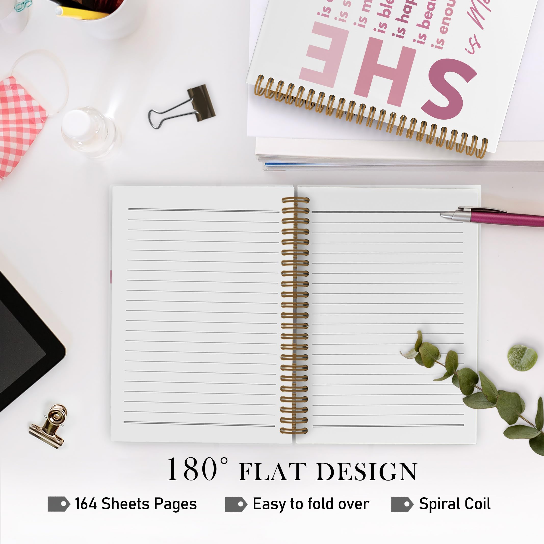 Gold She Is Me Affirmations Spiral Notebook, Inspirational Self Care Journal Notebook, Self Love Notebooks for School Work, Positive Office Supplies Gifts for Women Girls Friends, 5.5x8.3 Inch