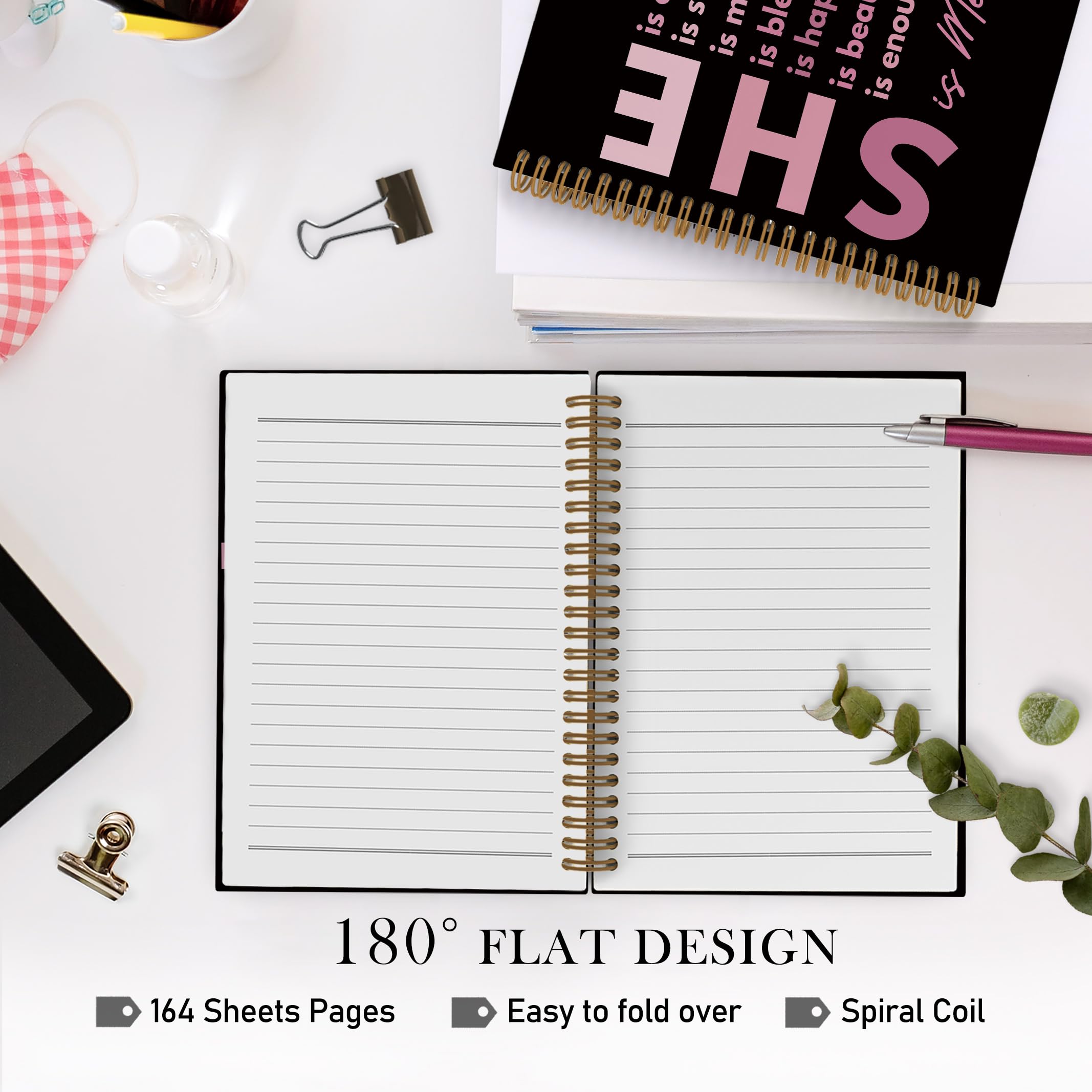 Gold She Is Me Affirmations Spiral Notebook, Inspirational Self Care Journal Notebook, Self Love Notebooks for School Work, Positive Office Supplies Gifts for Women Girls Friends, 5.5x8.3 Inch
