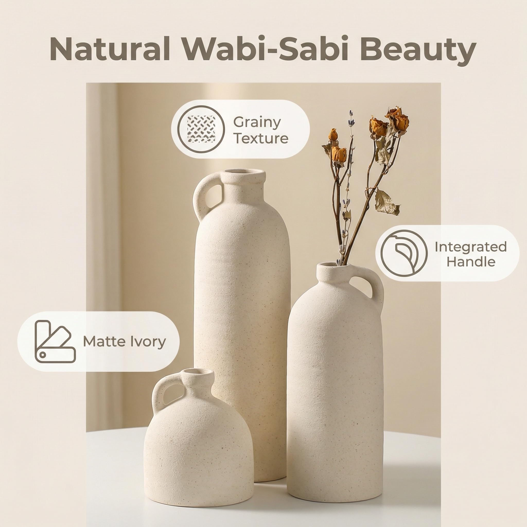 Flower Vase Set of 3, Ceramic Home Decor for Living Room - Modern Rustic Farmhouse Centerpiece for Table, Shelf & Bedroom - Decorative Vases for Office, Bathroom, Dining Desk