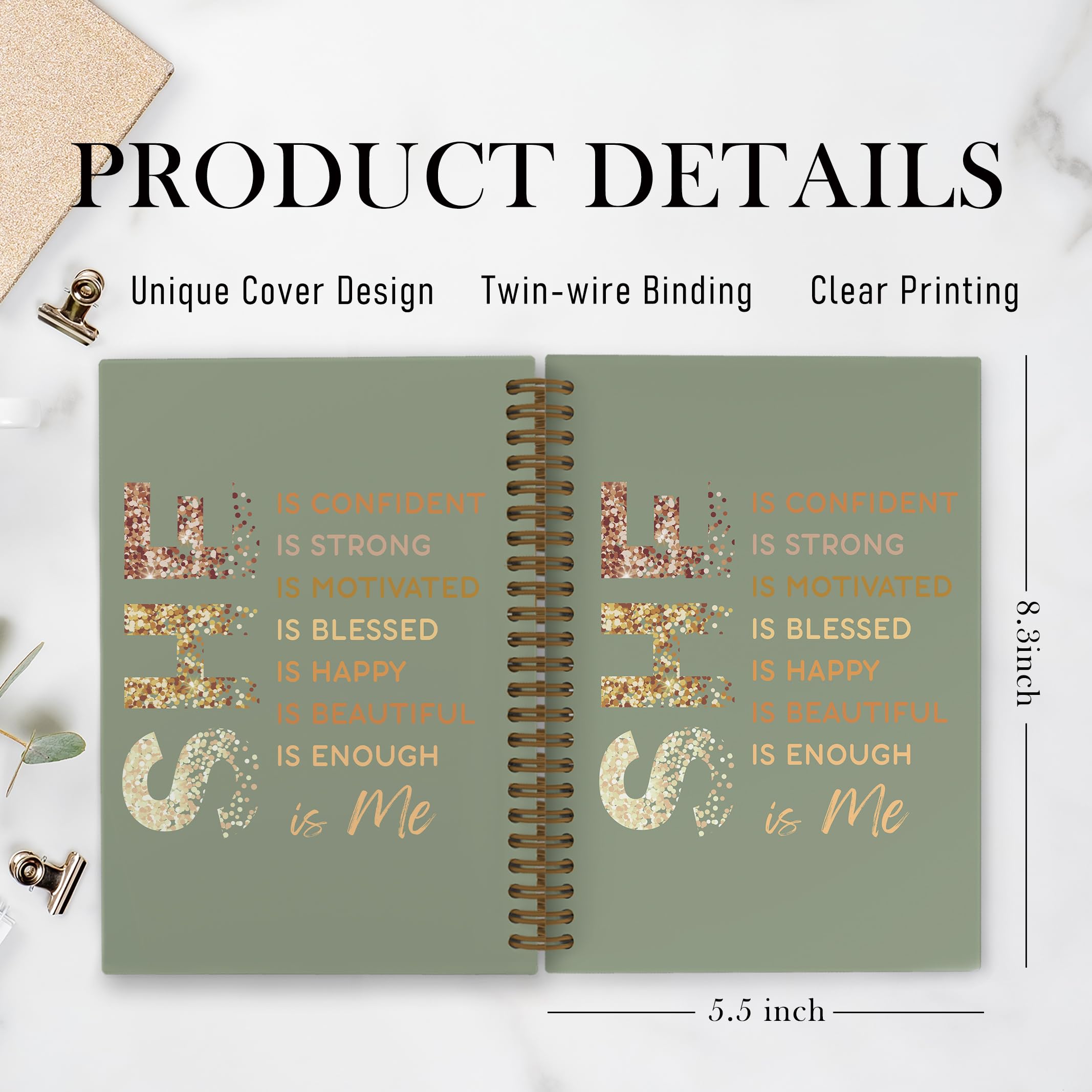 Gold She Is Me Affirmations Spiral Notebook, Inspirational Self Care Journal Notebook, Self Love Notebooks for School Work, Positive Office Supplies Gifts for Women Girls Friends, 5.5x8.3 Inch