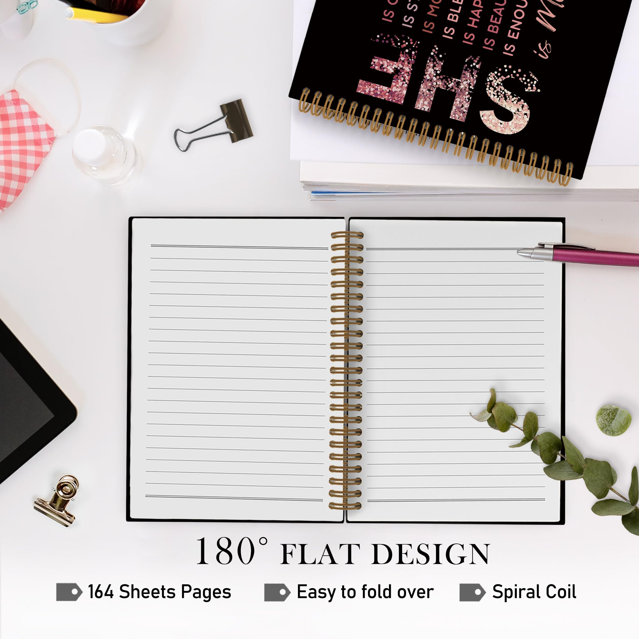 Gold She Is Me Affirmations Spiral Notebook, Inspirational Self Care Journal Notebook, Self Love Notebooks for School Work, Positive Office Supplies Gifts for Women Girls Friends, 5.5x8.3 Inch