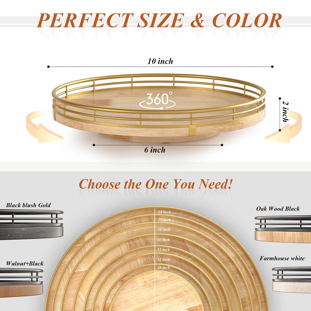 Farmhouse Oak 9" Lazy Susan Turntable Organizer for Cabinet, Round Wooden Lazy Susan Organization and Storage for Dining Table, Pantry, Kitchen, Countertop, Cupboard,Home Decor, Walnut Wood