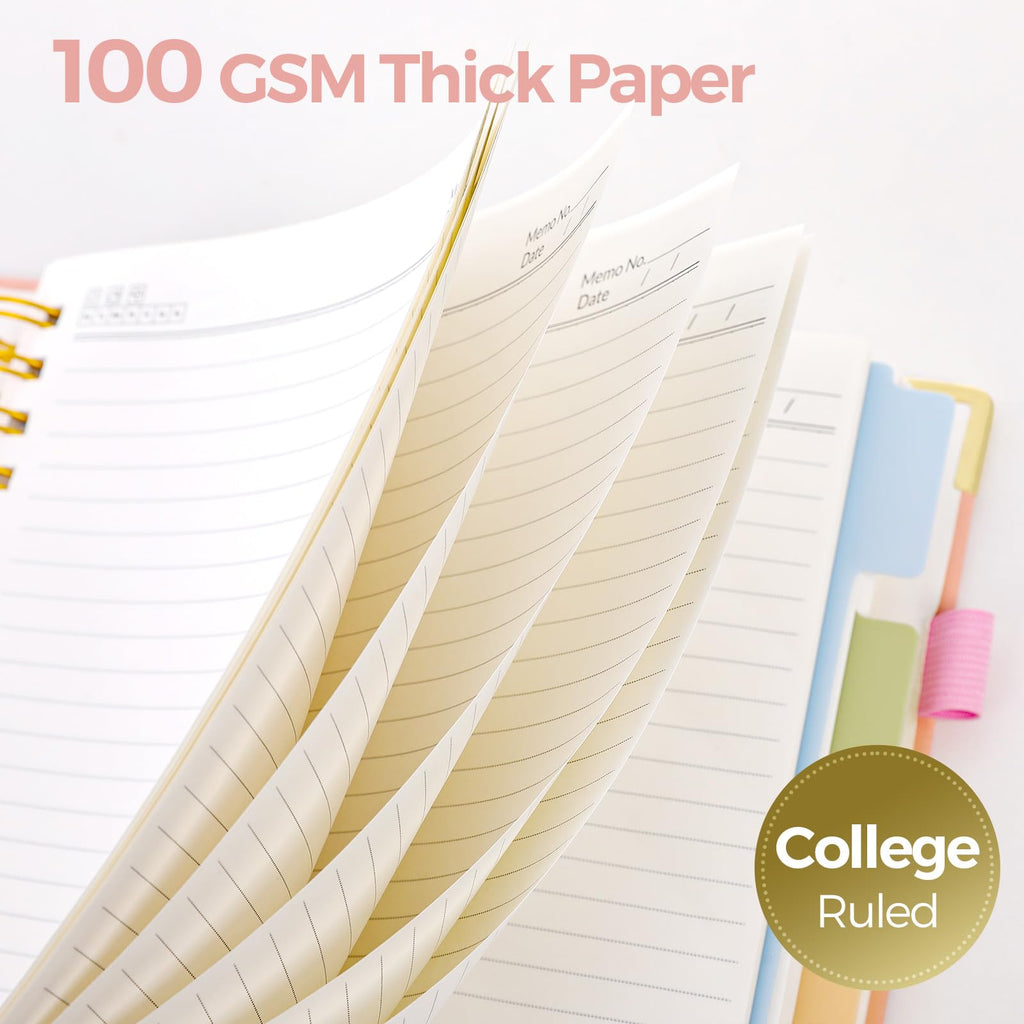 SKYDUE Hardcover Spiral Notebook, 300 Pages 8" x 10" College Ruled Notebook for Work with Dividers & Pockets, 5 Subject Notebook Journals for Women, Double Wire Bound, Tab Stickers Included, Pink