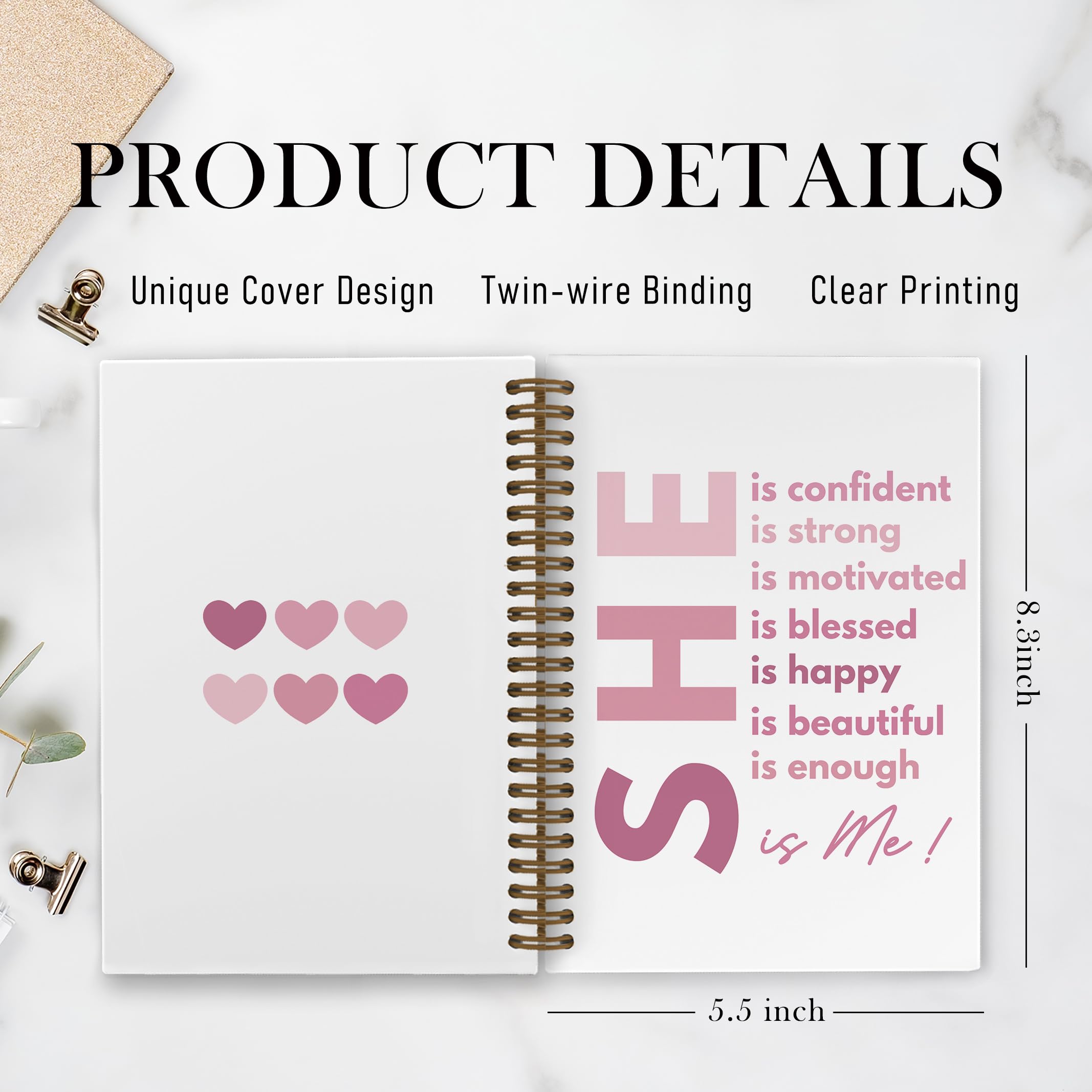 Gold She Is Me Affirmations Spiral Notebook, Inspirational Self Care Journal Notebook, Self Love Notebooks for School Work, Positive Office Supplies Gifts for Women Girls Friends, 5.5x8.3 Inch