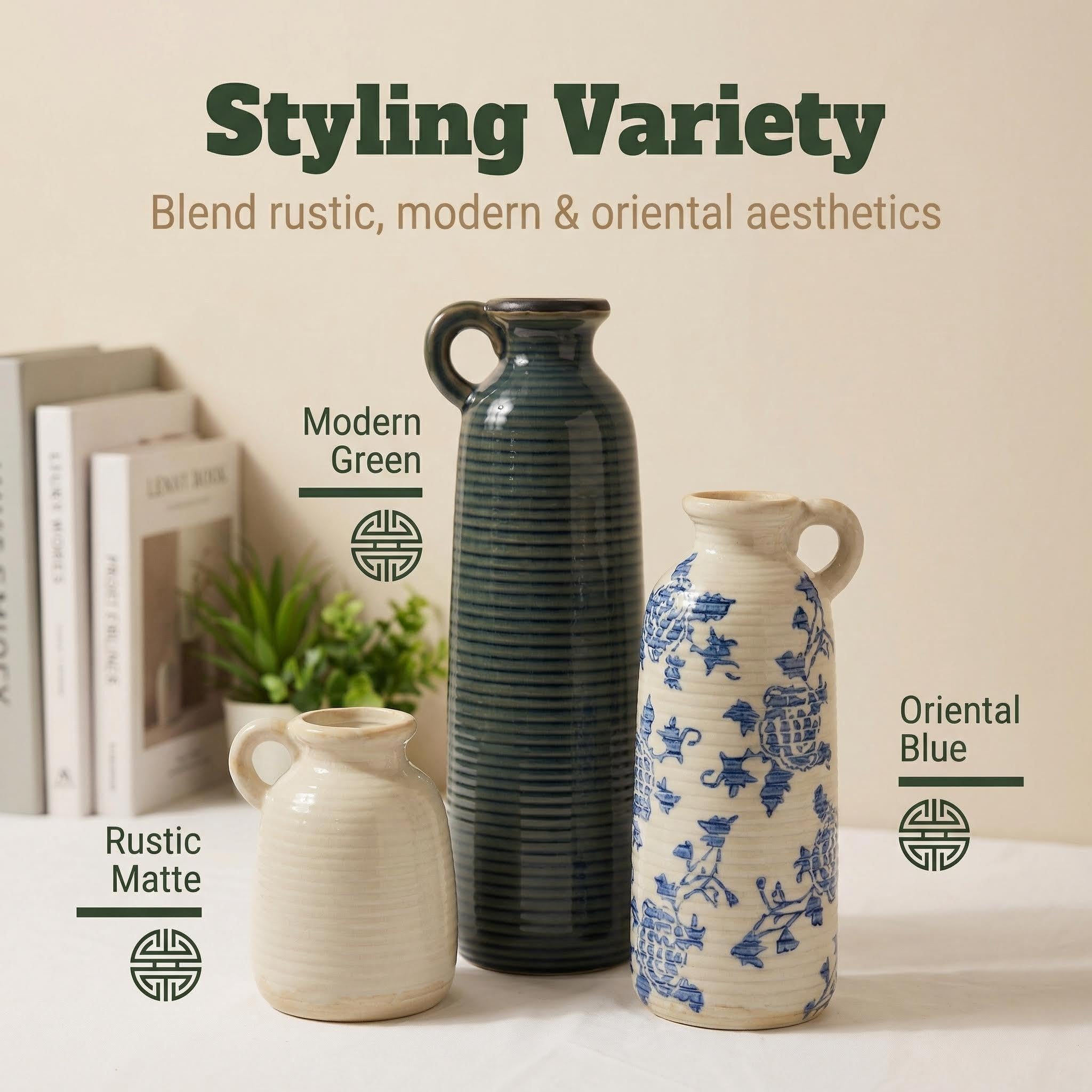 Flower Vase Set of 3, Ceramic Home Decor for Living Room - Modern Rustic Farmhouse Centerpiece for Table, Shelf & Bedroom - Decorative Vases for Office, Bathroom, Dining Desk