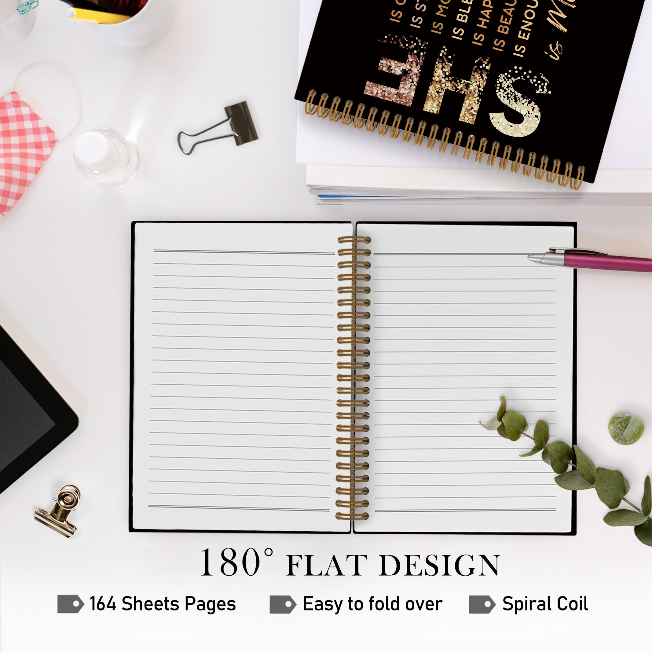 Gold She Is Me Affirmations Spiral Notebook, Inspirational Self Care Journal Notebook, Self Love Notebooks for School Work, Positive Office Supplies Gifts for Women Girls Friends, 5.5x8.3 Inch