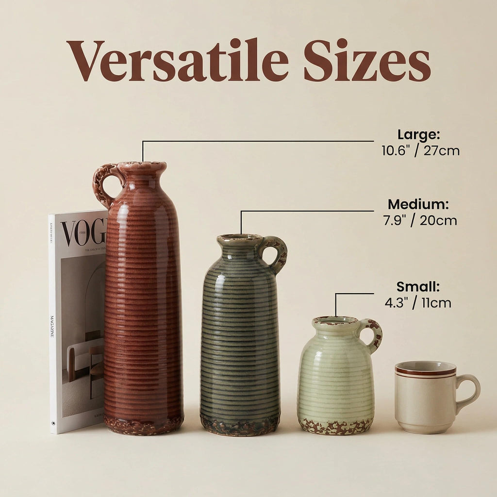 Flower Vase Set of 3, Ceramic Home Decor for Living Room - Modern Rustic Farmhouse Centerpiece for Table, Shelf & Bedroom - Decorative Vases for Office, Bathroom, Dining Desk