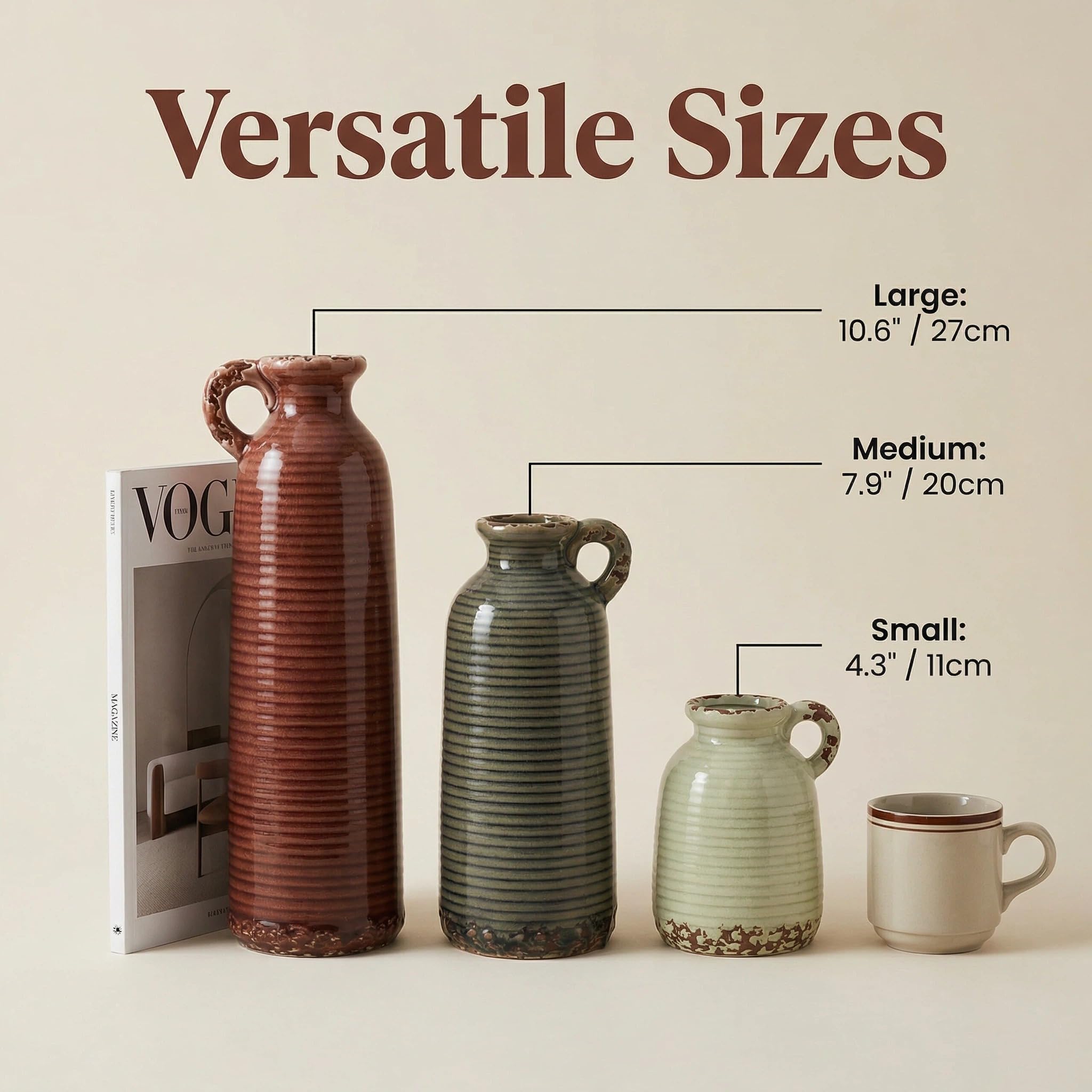 Flower Vase Set of 3, Ceramic Home Decor for Living Room - Modern Rustic Farmhouse Centerpiece for Table, Shelf & Bedroom - Decorative Vases for Office, Bathroom, Dining Desk