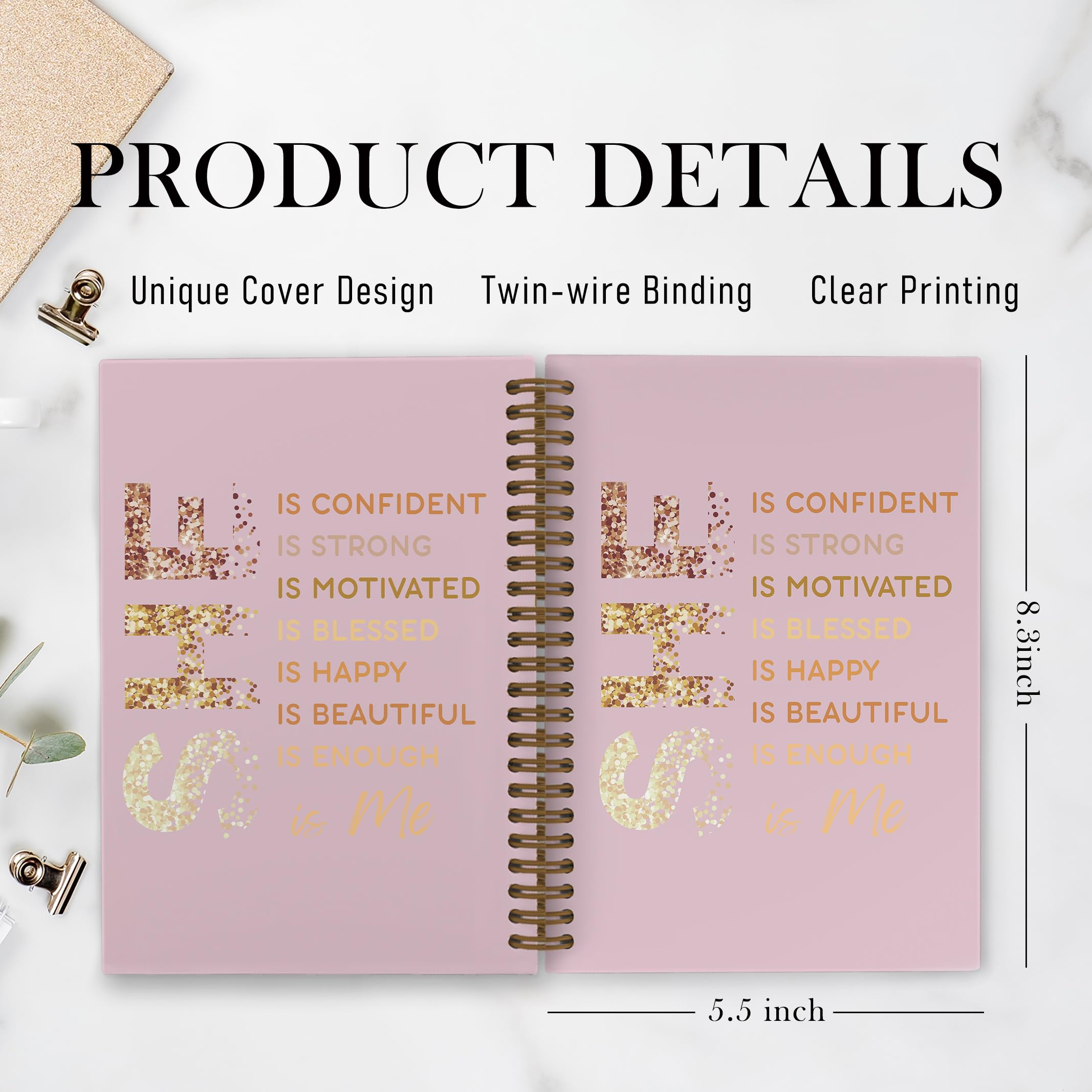 Gold She Is Me Affirmations Spiral Notebook, Inspirational Self Care Journal Notebook, Self Love Notebooks for School Work, Positive Office Supplies Gifts for Women Girls Friends, 5.5x8.3 Inch