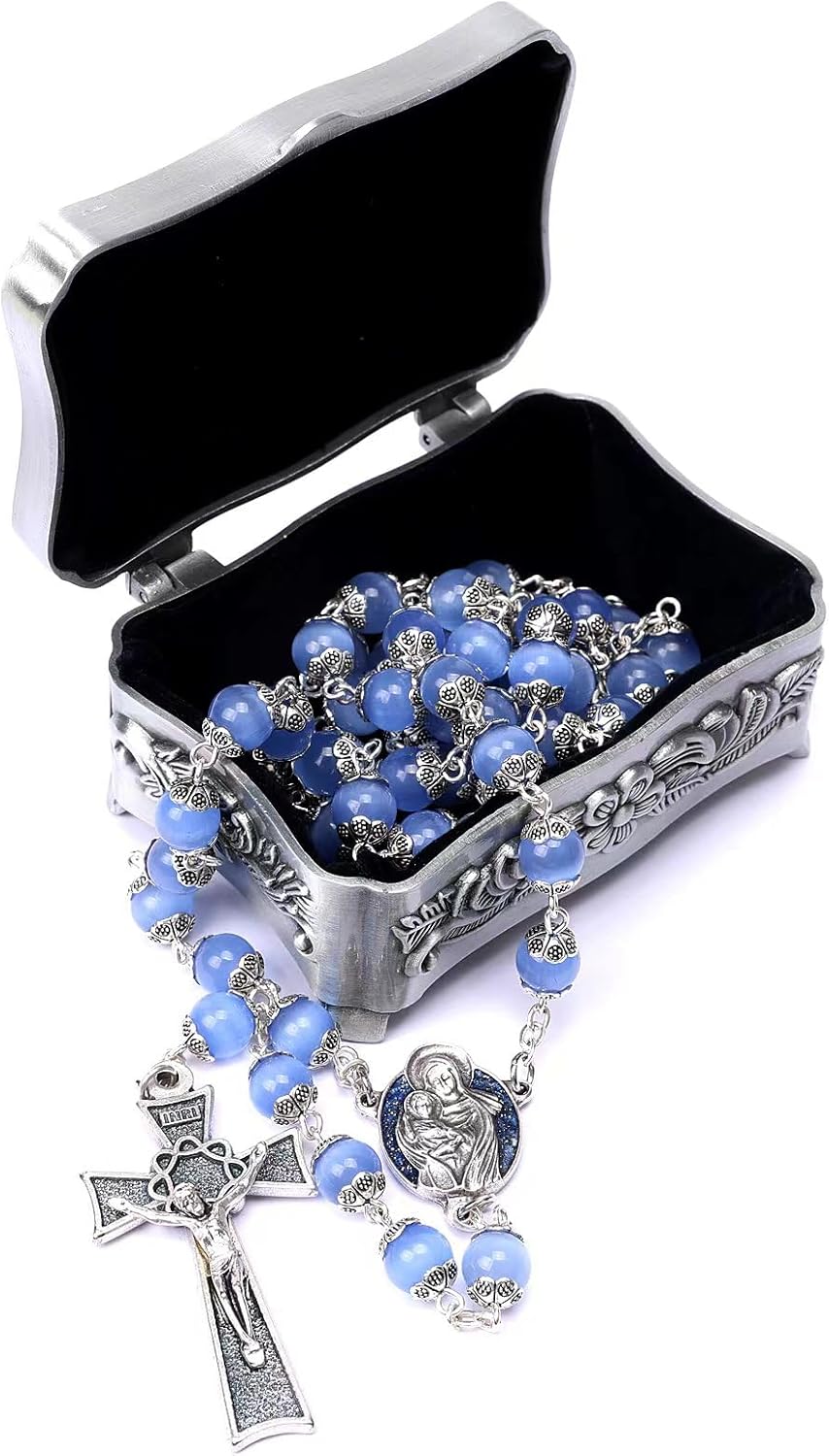Rosary Beads Catholic for Woman - Italy 8-9mm AAA+ Natural Blue Cat Eyes Gemstone Rosary Beads.