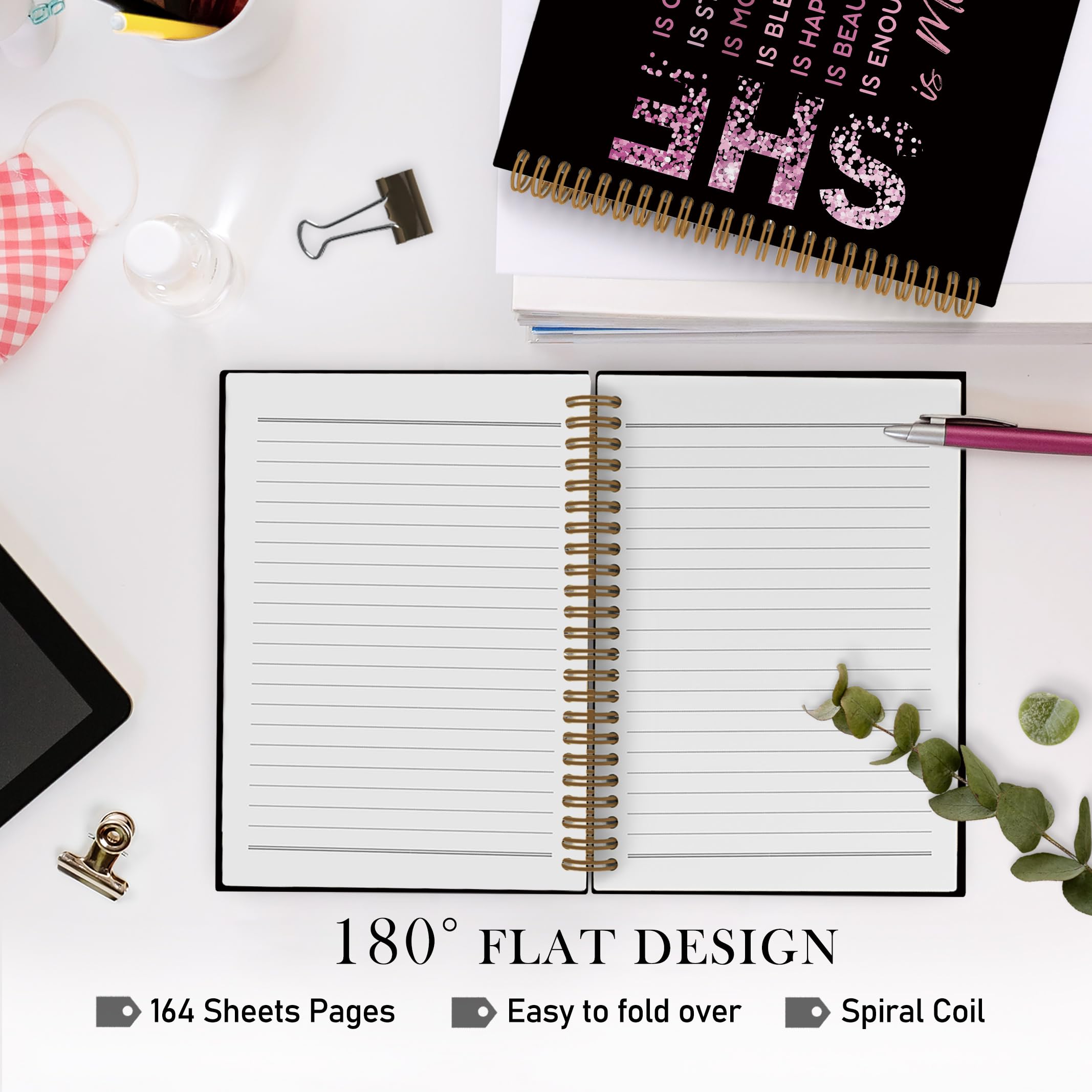 Gold She Is Me Affirmations Spiral Notebook, Inspirational Self Care Journal Notebook, Self Love Notebooks for School Work, Positive Office Supplies Gifts for Women Girls Friends, 5.5x8.3 Inch
