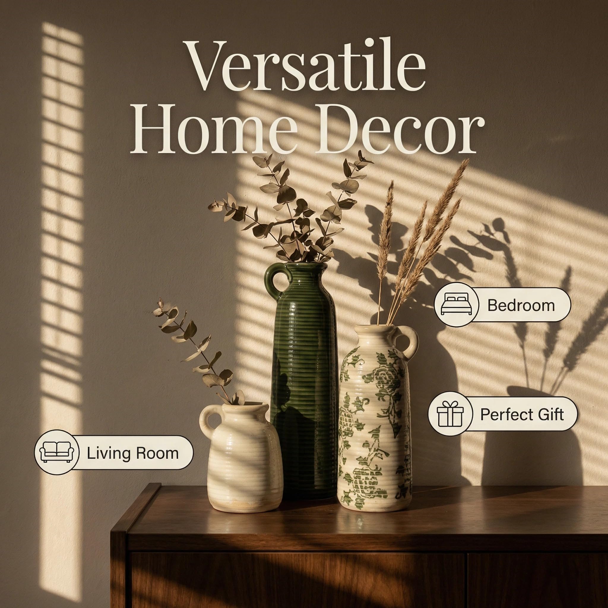 Flower Vase Set of 3, Ceramic Home Decor for Living Room - Modern Rustic Farmhouse Centerpiece for Table, Shelf & Bedroom - Decorative Vases for Office, Bathroom, Dining Desk