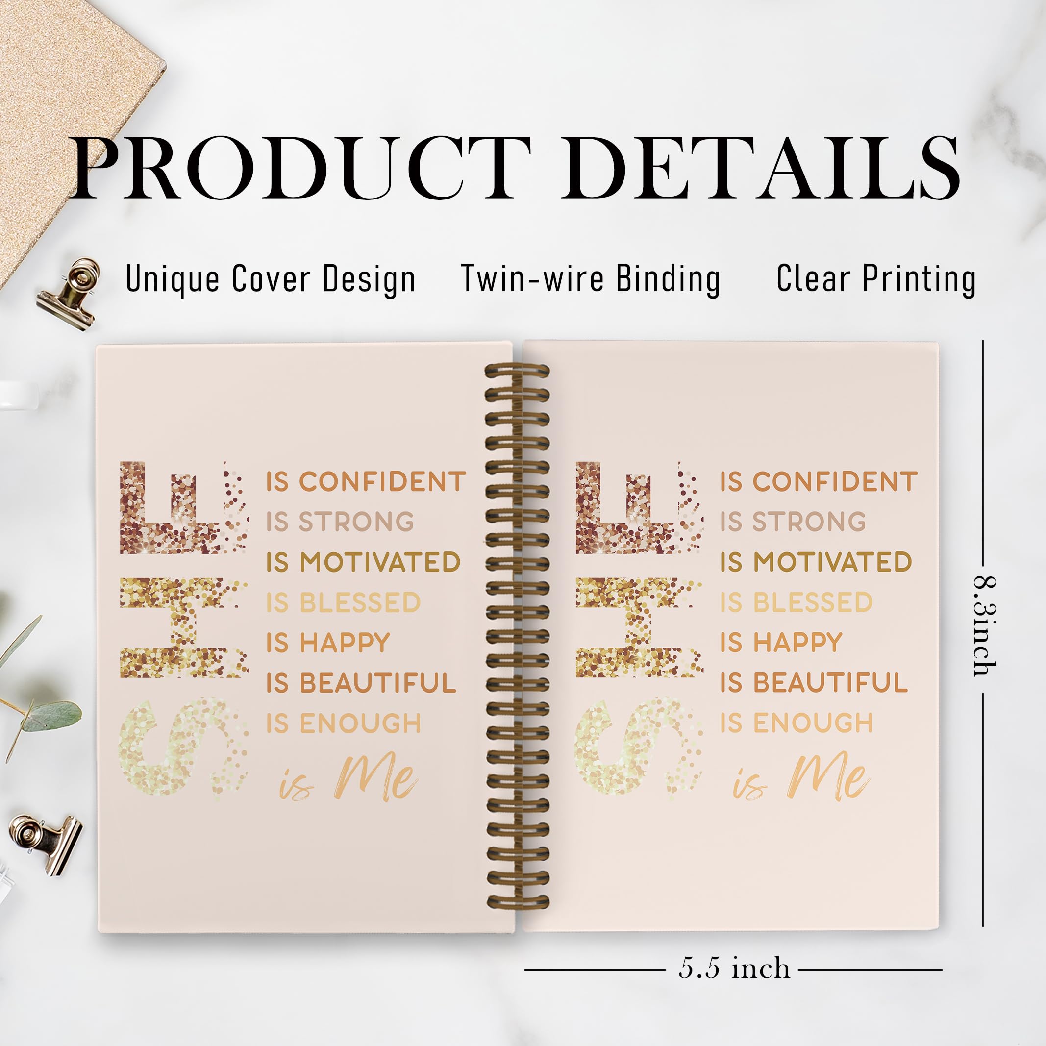 Gold She Is Me Affirmations Spiral Notebook, Inspirational Self Care Journal Notebook, Self Love Notebooks for School Work, Positive Office Supplies Gifts for Women Girls Friends, 5.5x8.3 Inch