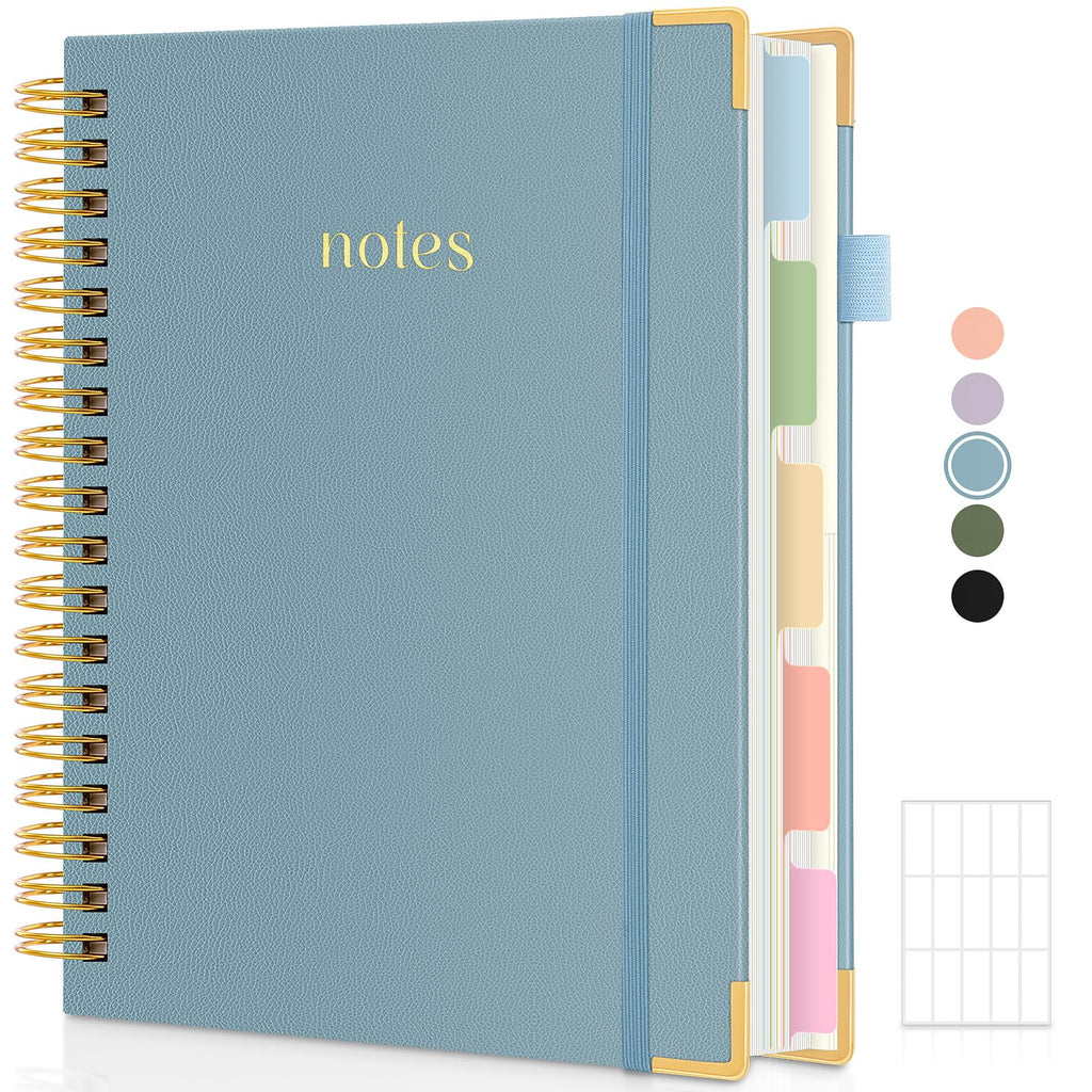 SKYDUE Hardcover Spiral Notebook, 300 Pages 8" x 10" College Ruled Notebook for Work with Dividers & Pockets, 5 Subject Notebook Journals for Women, Double Wire Bound, Tab Stickers Included, Pink