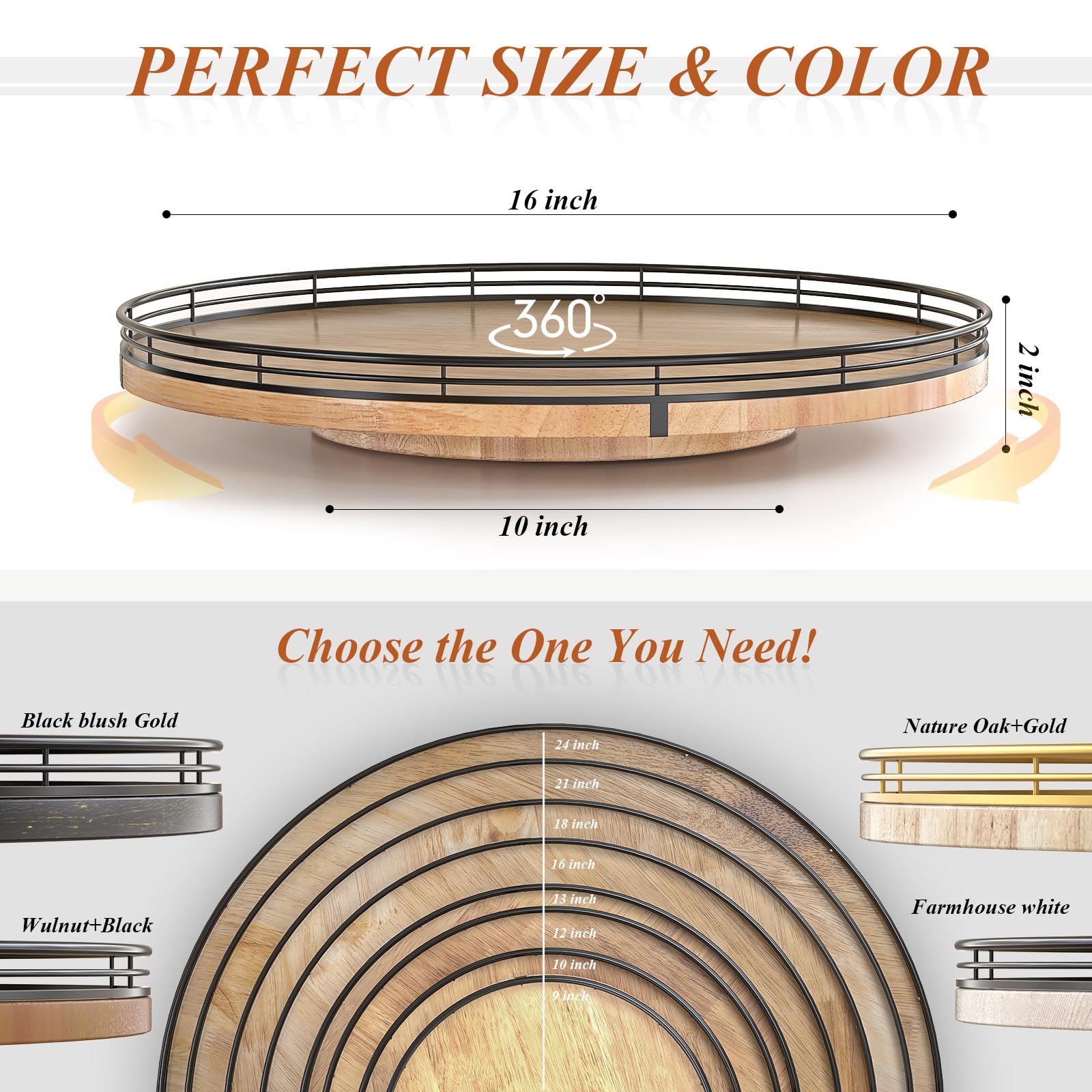 Farmhouse Oak 9" Lazy Susan Turntable Organizer for Cabinet, Round Wooden Lazy Susan Organization and Storage for Dining Table, Pantry, Kitchen, Countertop, Cupboard,Home Decor, Walnut Wood