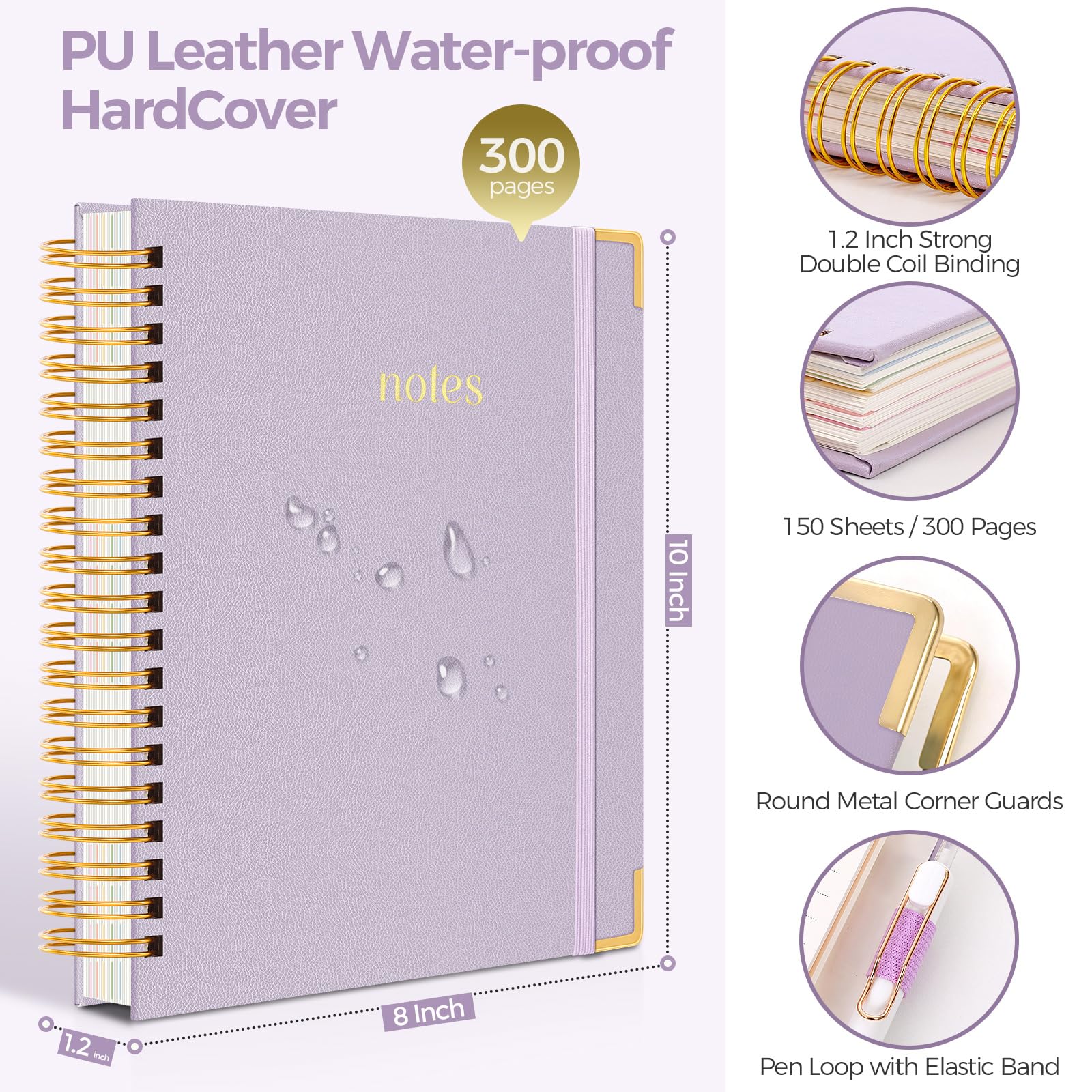 SKYDUE Hardcover Spiral Notebook, 300 Pages 8" x 10" College Ruled Notebook for Work with Dividers & Pockets, 5 Subject Notebook Journals for Women, Double Wire Bound, Tab Stickers Included, Pink