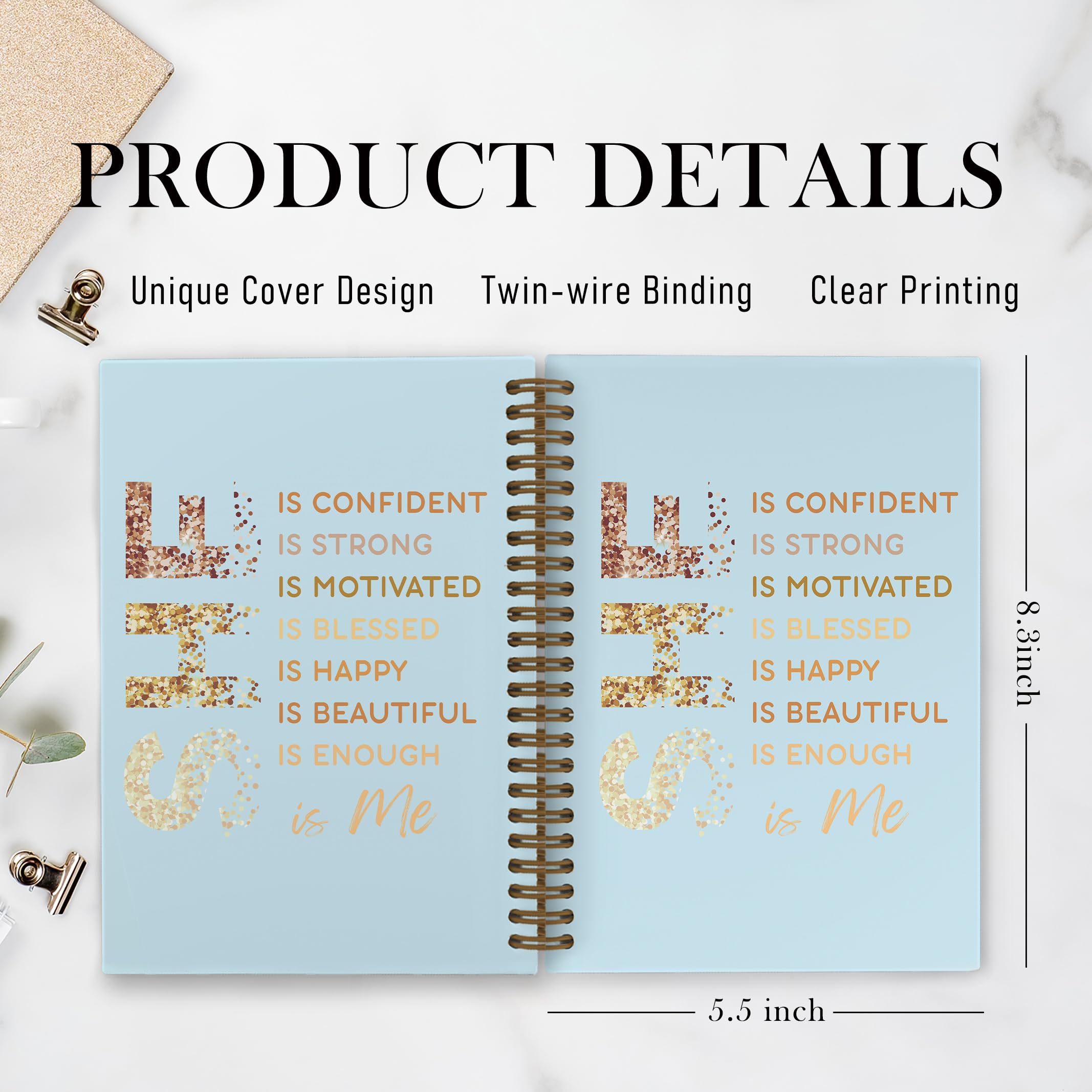 Gold She Is Me Affirmations Spiral Notebook, Inspirational Self Care Journal Notebook, Self Love Notebooks for School Work, Positive Office Supplies Gifts for Women Girls Friends, 5.5x8.3 Inch