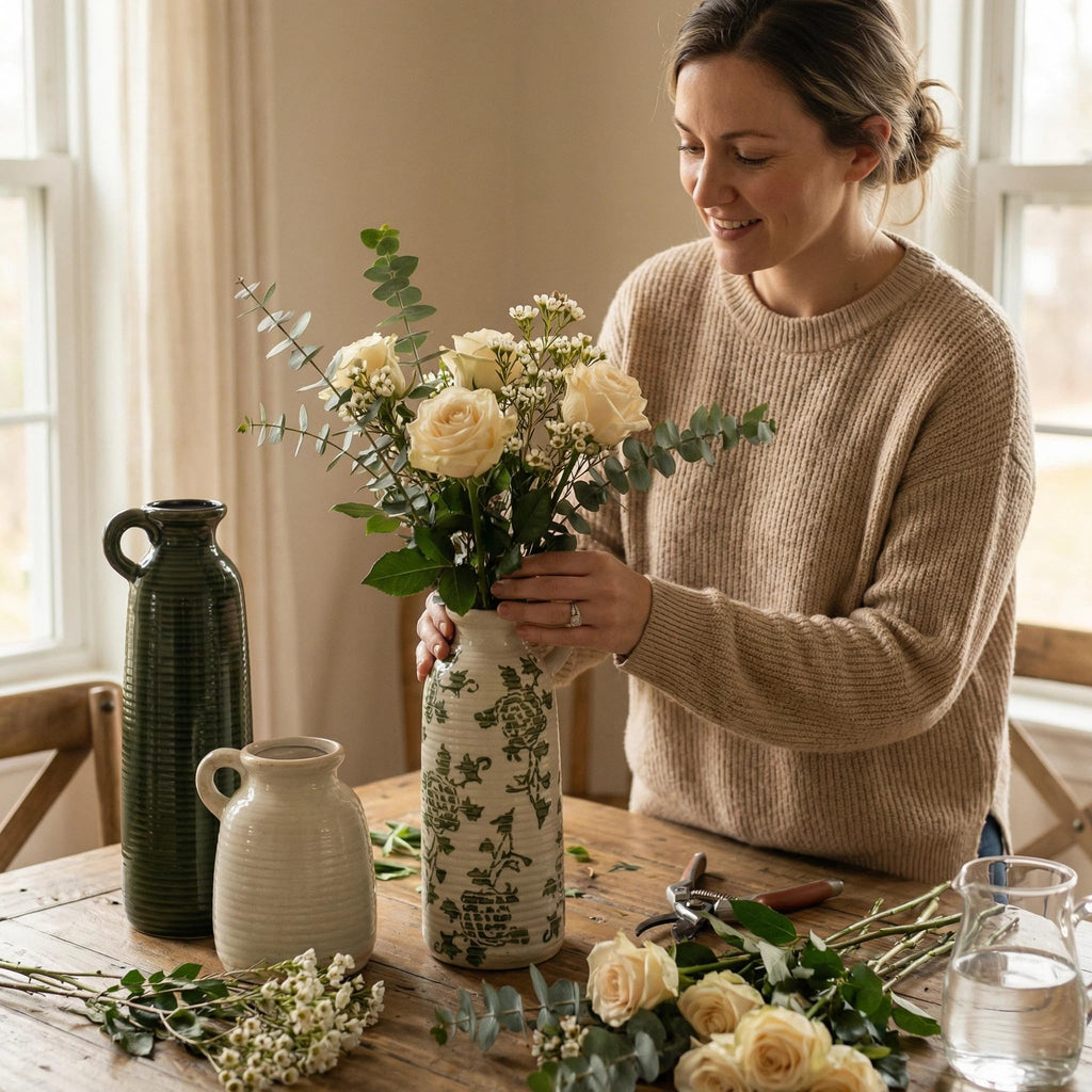 Flower Vase Set of 3, Ceramic Home Decor for Living Room - Modern Rustic Farmhouse Centerpiece for Table, Shelf & Bedroom - Decorative Vases for Office, Bathroom, Dining Desk