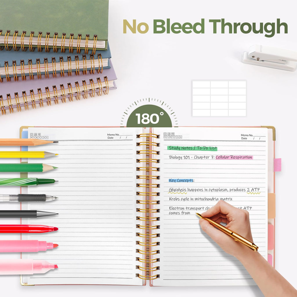SKYDUE Hardcover Spiral Notebook, 300 Pages 8" x 10" College Ruled Notebook for Work with Dividers & Pockets, 5 Subject Notebook Journals for Women, Double Wire Bound, Tab Stickers Included, Pink
