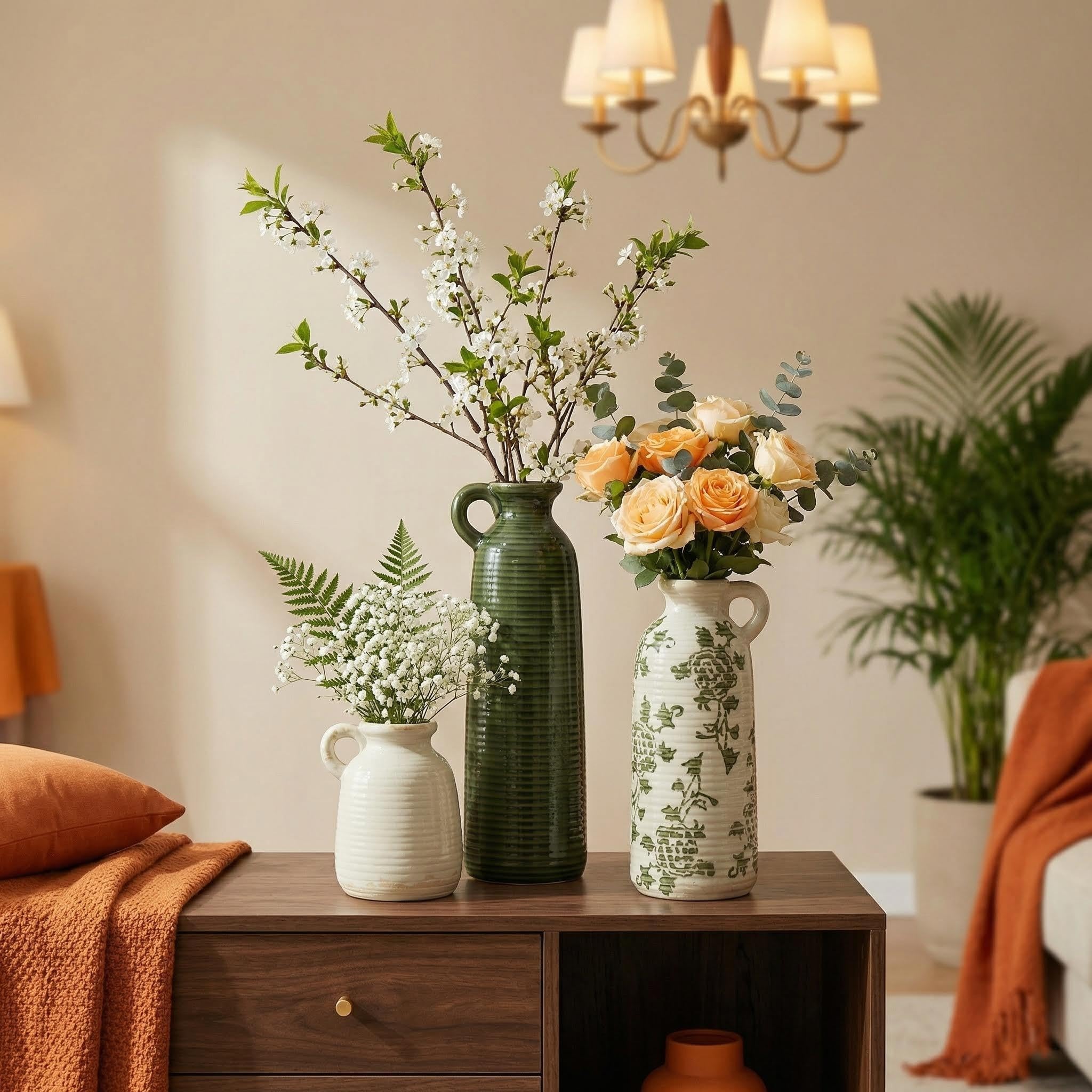 Flower Vase Set of 3, Ceramic Home Decor for Living Room - Modern Rustic Farmhouse Centerpiece for Table, Shelf & Bedroom - Decorative Vases for Office, Bathroom, Dining Desk