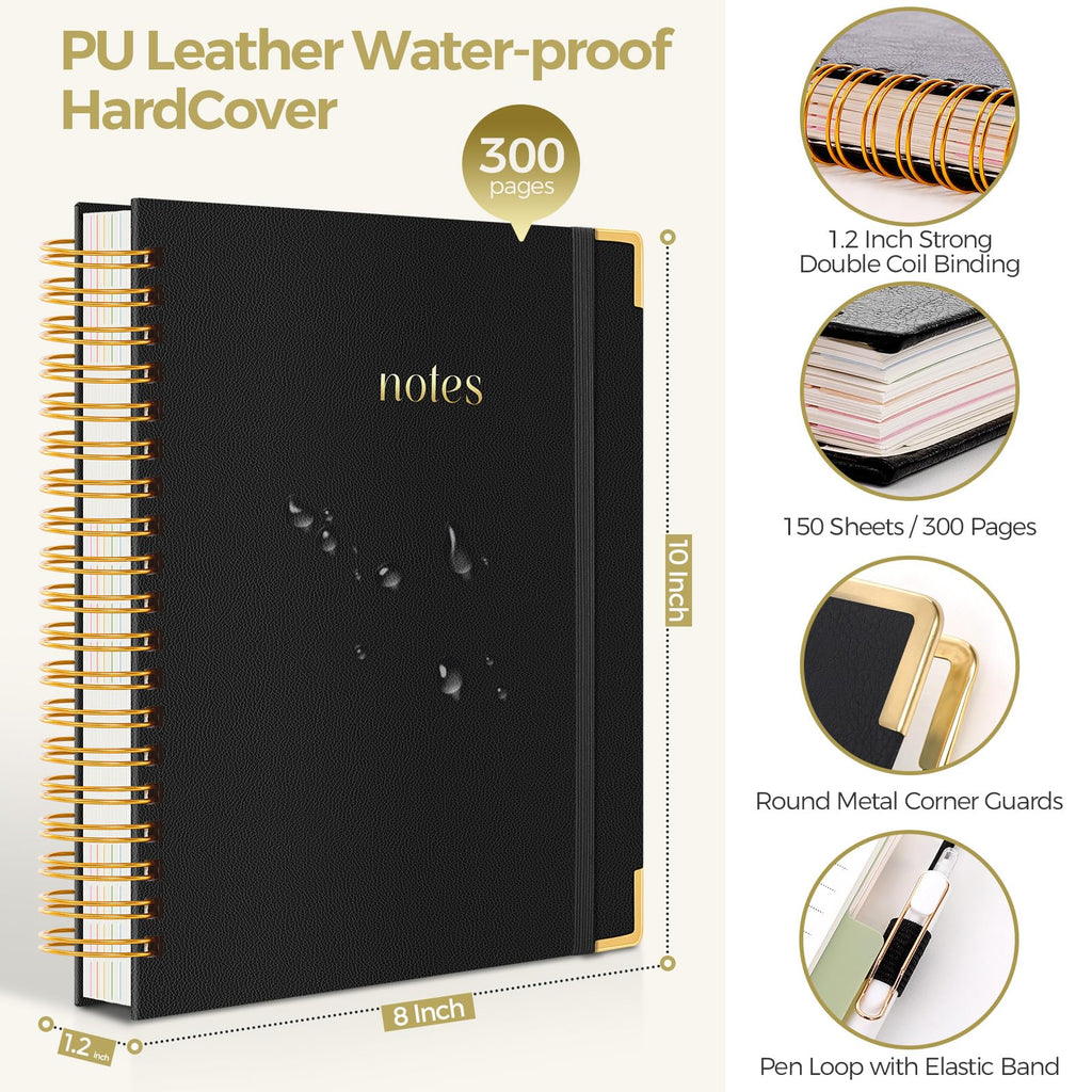 SKYDUE Hardcover Spiral Notebook, 300 Pages 8" x 10" College Ruled Notebook for Work with Dividers & Pockets, 5 Subject Notebook Journals for Women, Double Wire Bound, Tab Stickers Included, Pink