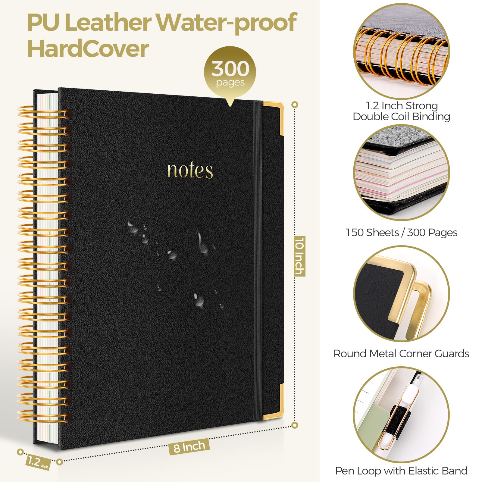 SKYDUE Hardcover Spiral Notebook, 300 Pages 8" x 10" College Ruled Notebook for Work with Dividers & Pockets, 5 Subject Notebook Journals for Women, Double Wire Bound, Tab Stickers Included, Pink