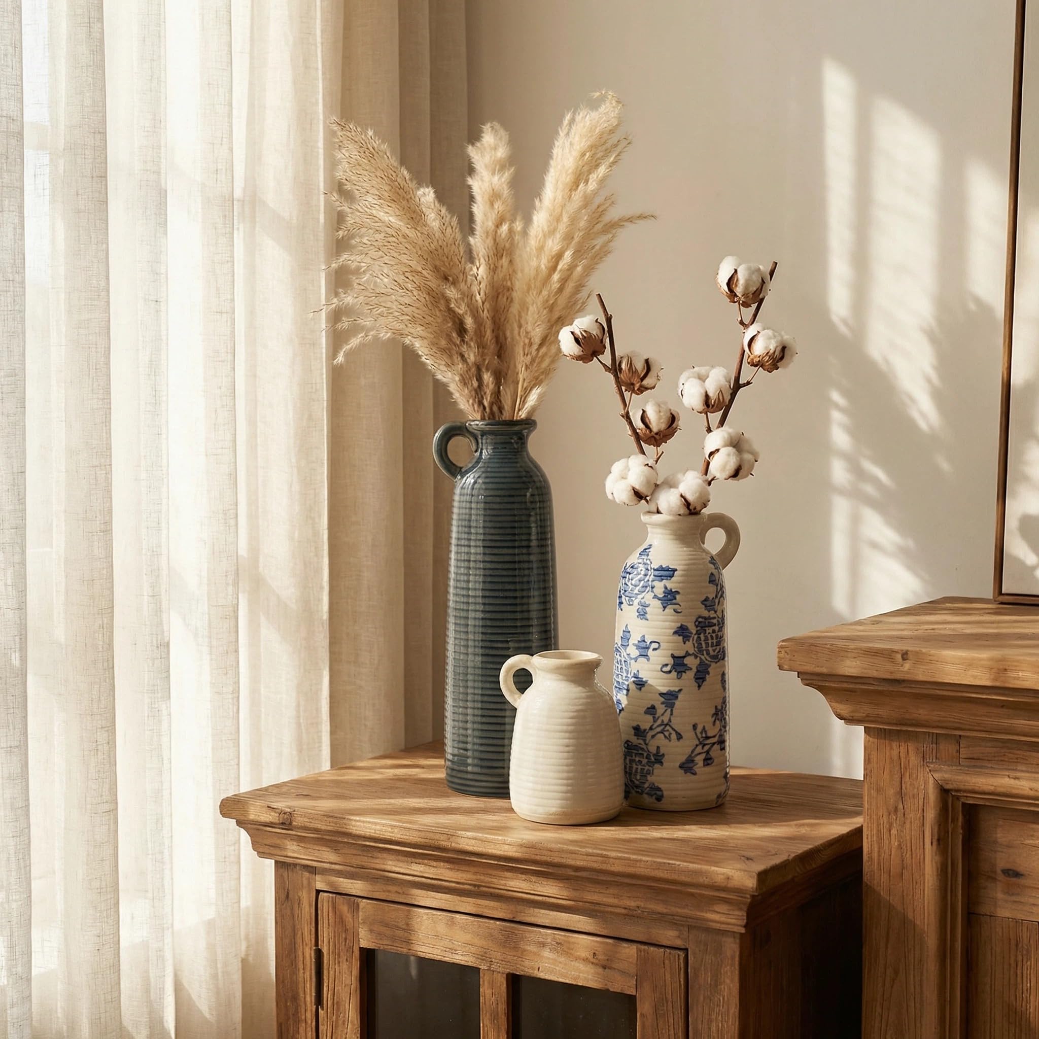 Flower Vase Set of 3, Ceramic Home Decor for Living Room - Modern Rustic Farmhouse Centerpiece for Table, Shelf & Bedroom - Decorative Vases for Office, Bathroom, Dining Desk