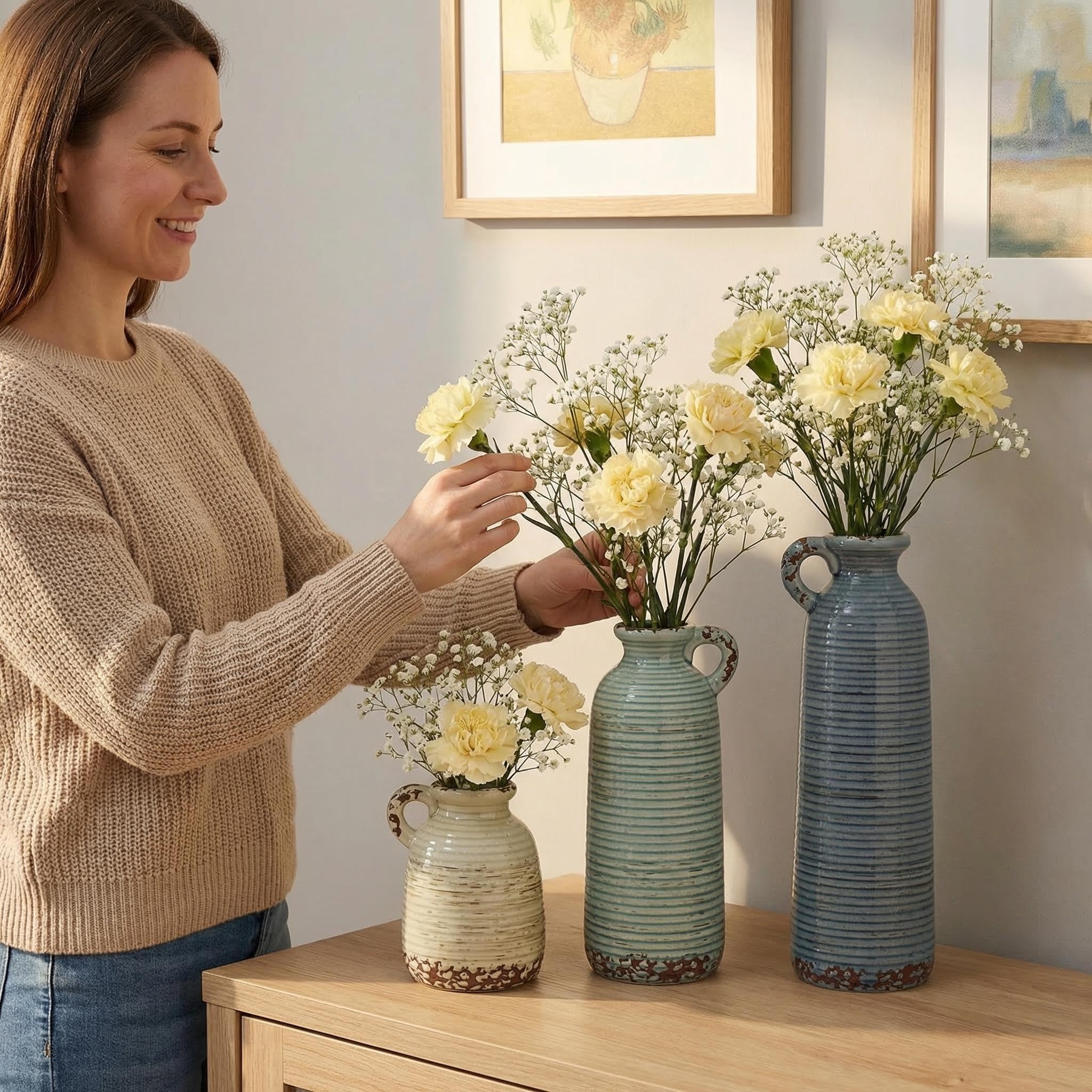Flower Vase Set of 3, Ceramic Home Decor for Living Room - Modern Rustic Farmhouse Centerpiece for Table, Shelf & Bedroom - Decorative Vases for Office, Bathroom, Dining Desk