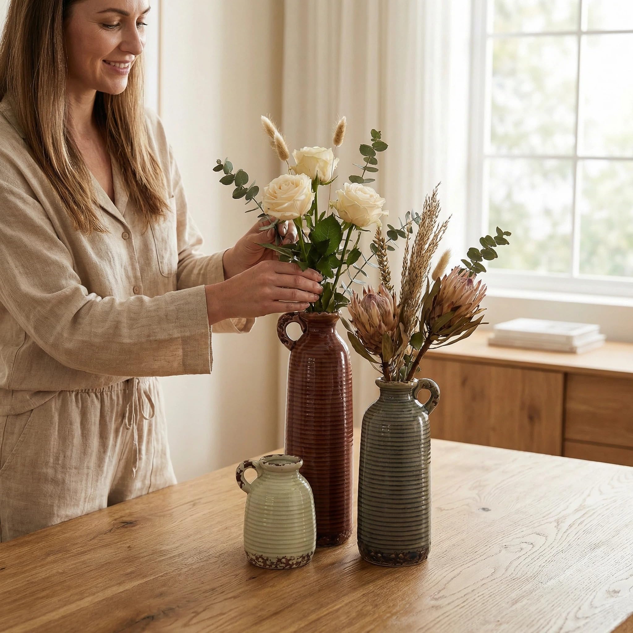 Flower Vase Set of 3, Ceramic Home Decor for Living Room - Modern Rustic Farmhouse Centerpiece for Table, Shelf & Bedroom - Decorative Vases for Office, Bathroom, Dining Desk
