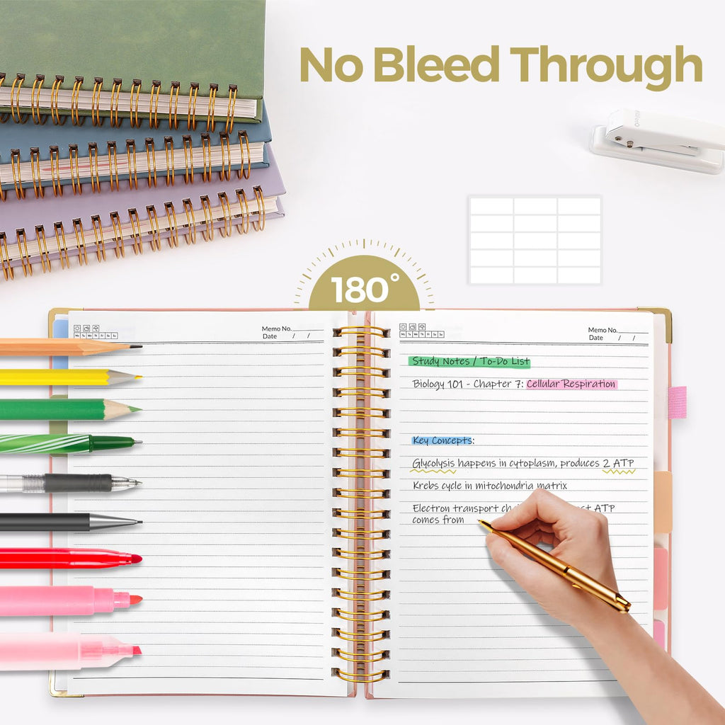 SKYDUE Hardcover Spiral Notebook, 300 Pages 8" x 10" College Ruled Notebook for Work with Dividers & Pockets, 5 Subject Notebook Journals for Women, Double Wire Bound, Tab Stickers Included, Pink