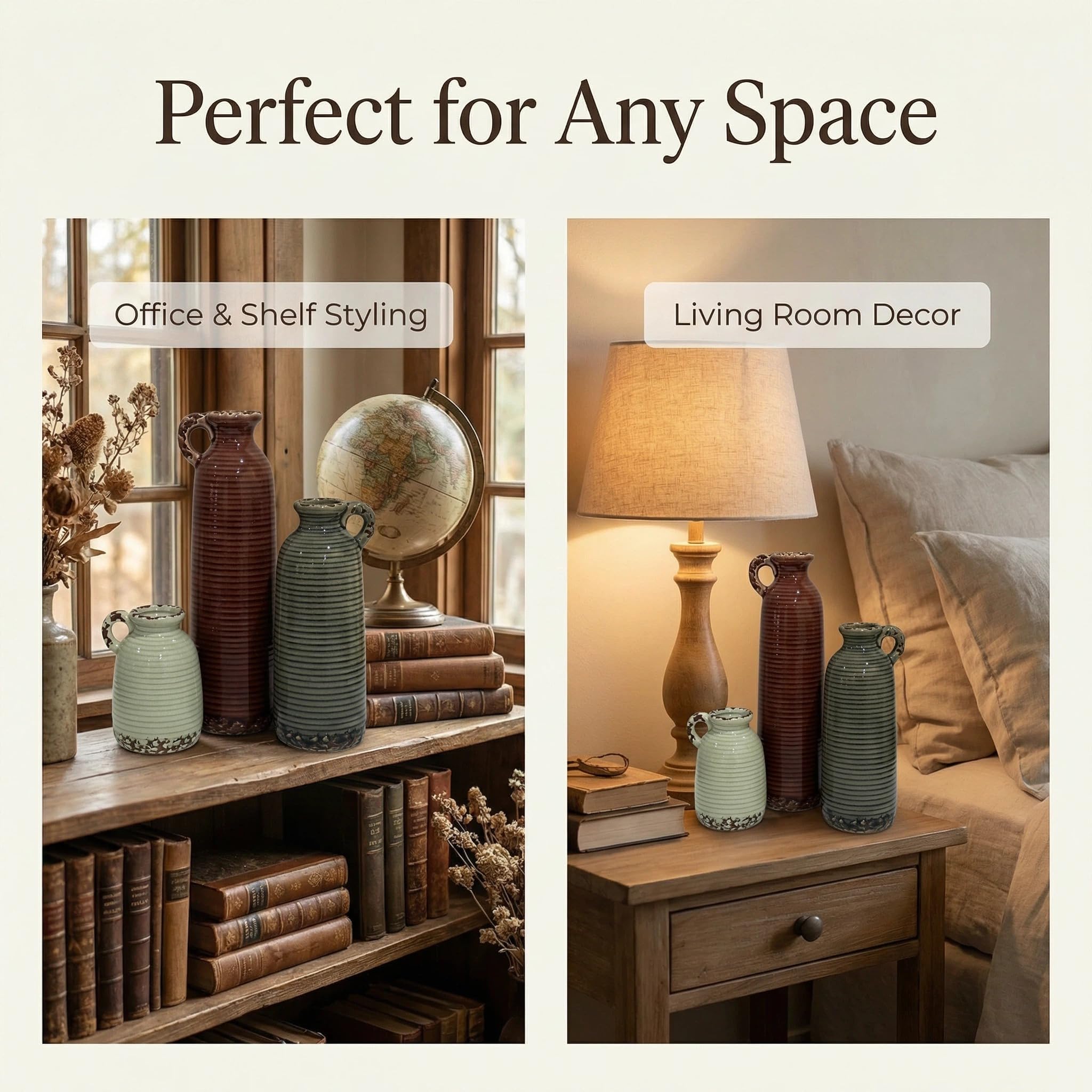 Flower Vase Set of 3, Ceramic Home Decor for Living Room - Modern Rustic Farmhouse Centerpiece for Table, Shelf & Bedroom - Decorative Vases for Office, Bathroom, Dining Desk