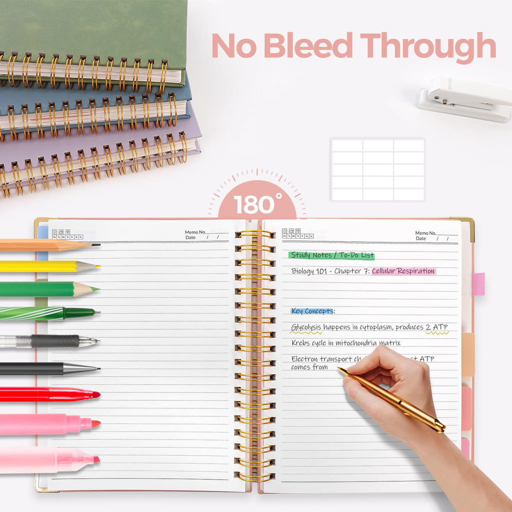 SKYDUE Hardcover Spiral Notebook, 300 Pages 8" x 10" College Ruled Notebook for Work with Dividers & Pockets, 5 Subject Notebook Journals for Women, Double Wire Bound, Tab Stickers Included, Pink