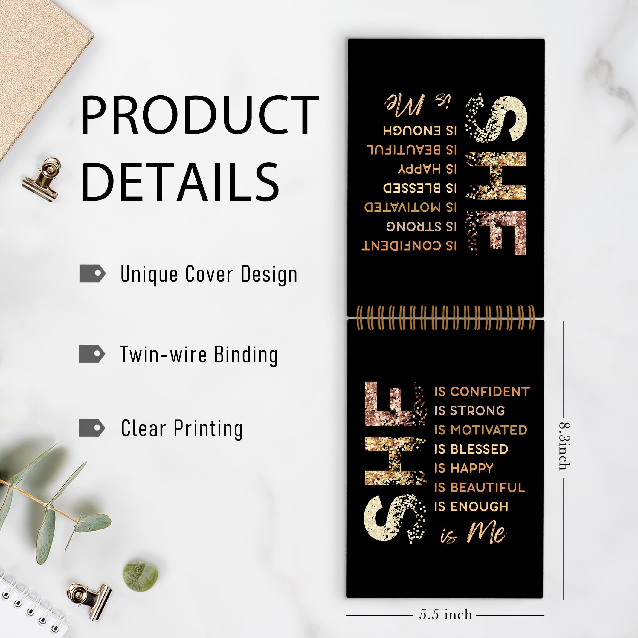 Gold She Is Me Affirmations Spiral Notebook, Inspirational Self Care Journal Notebook, Self Love Notebooks for School Work, Positive Office Supplies Gifts for Women Girls Friends, 5.5x8.3 Inch