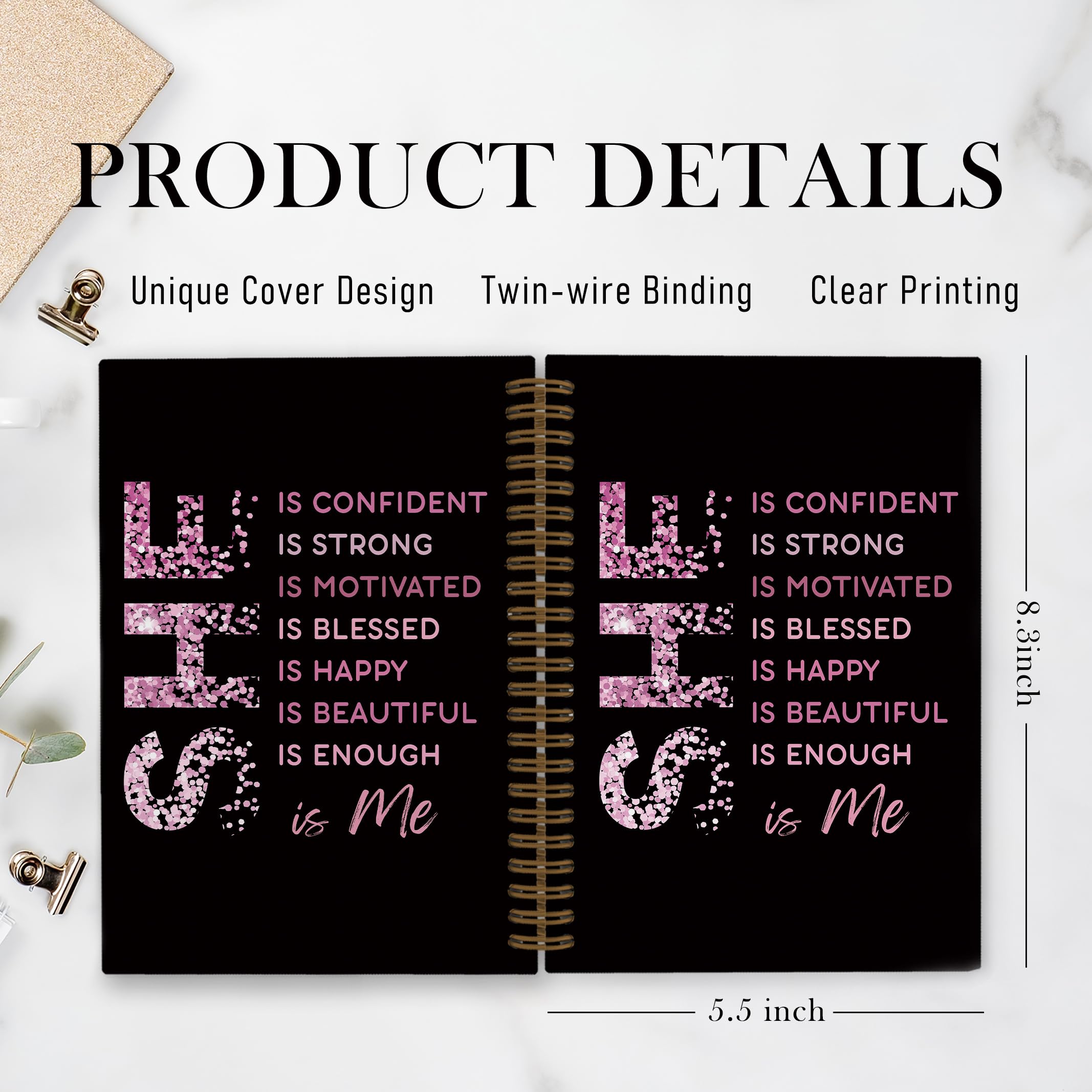 Gold She Is Me Affirmations Spiral Notebook, Inspirational Self Care Journal Notebook, Self Love Notebooks for School Work, Positive Office Supplies Gifts for Women Girls Friends, 5.5x8.3 Inch