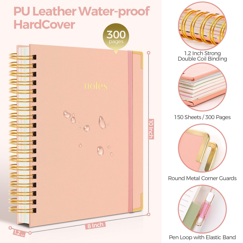 SKYDUE Hardcover Spiral Notebook, 300 Pages 8" x 10" College Ruled Notebook for Work with Dividers & Pockets, 5 Subject Notebook Journals for Women, Double Wire Bound, Tab Stickers Included, Pink