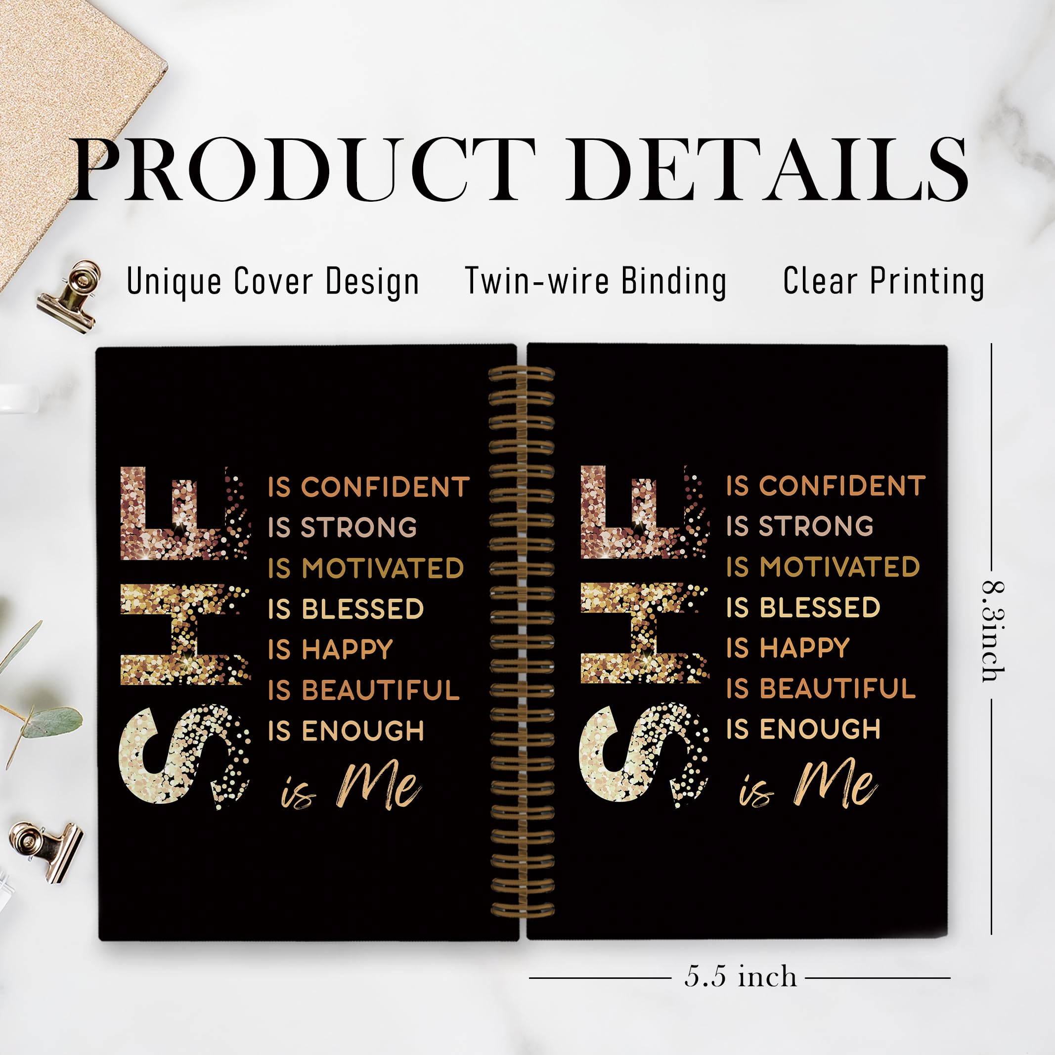 Gold She Is Me Affirmations Spiral Notebook, Inspirational Self Care Journal Notebook, Self Love Notebooks for School Work, Positive Office Supplies Gifts for Women Girls Friends, 5.5x8.3 Inch